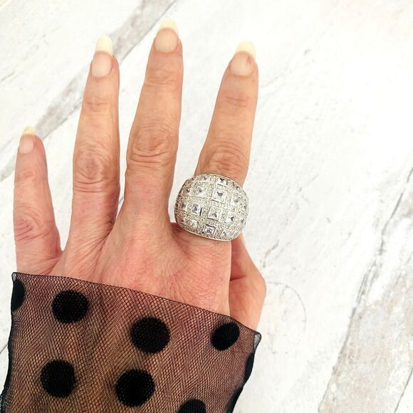 Sterling Silver Cubic Zirconia Domed Bombe Ring Statement Sz 7.5 Cocktail 13 Grs - Picture 9 of 11